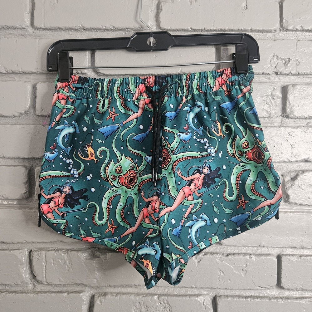 Culprit Womens Shorts XS Get It Kraken!‎ Side Zip Swim Beach